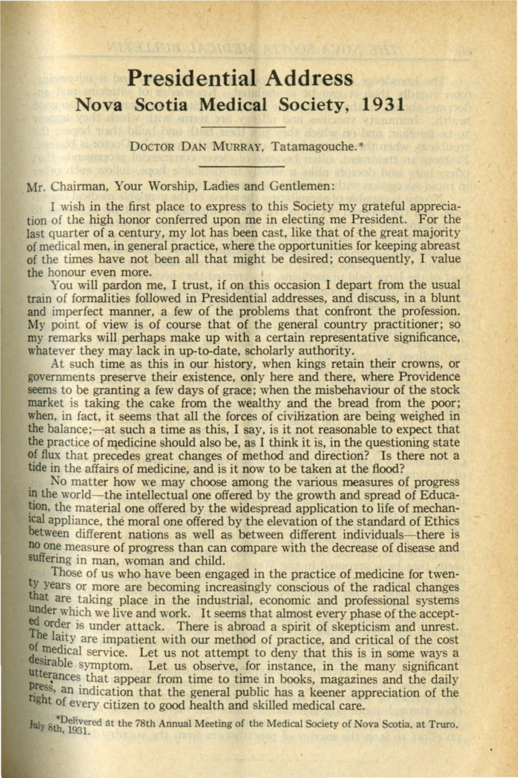 Presidential Address Nova Scotia Medical Society, 1931