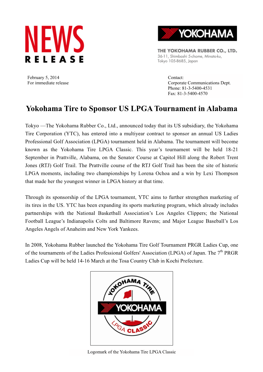 Yokohama Tire to Sponsor US LPGA Tournament in Alabama