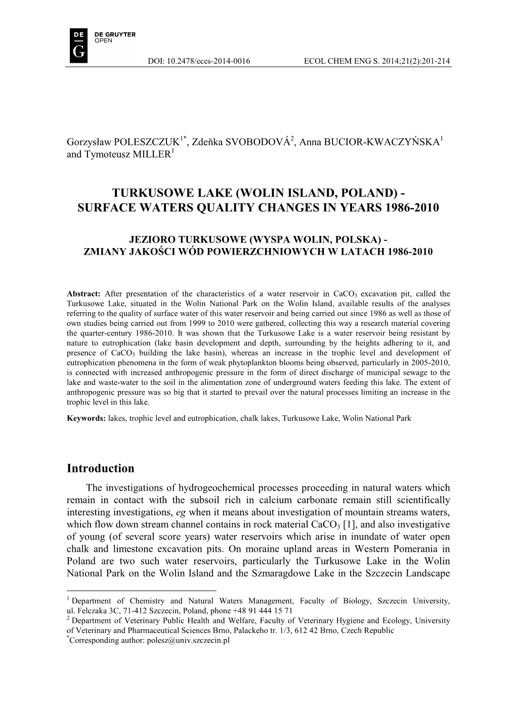 Turkusowe Lake (Wolin Island, Poland) - Surface Waters Quality Changes in Years 1986-2010