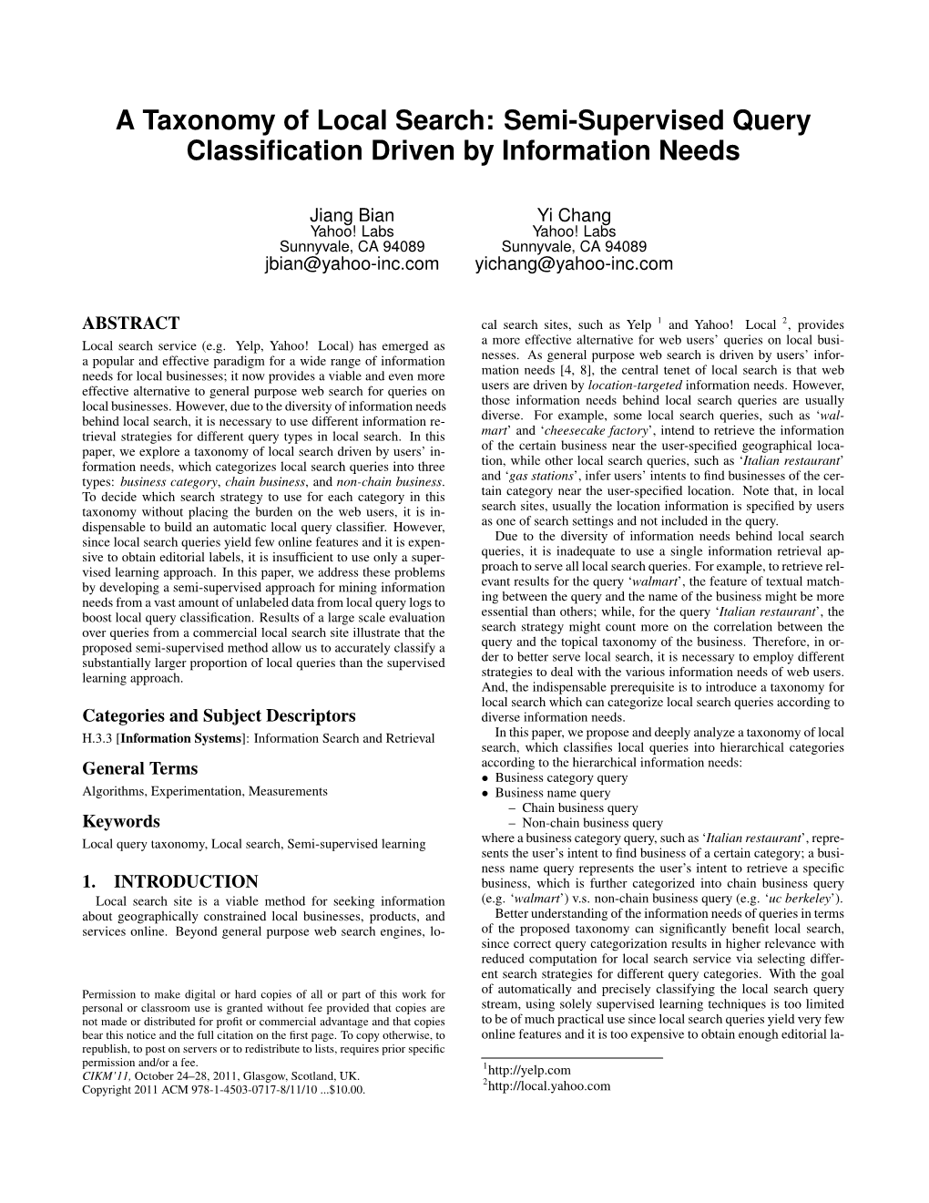 A Taxonomy of Local Search: Semi-Supervised Query Classification Driven by Information Needs