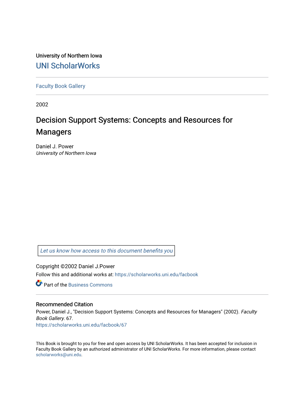 Decision Support Systems: Concepts and Resources for Managers