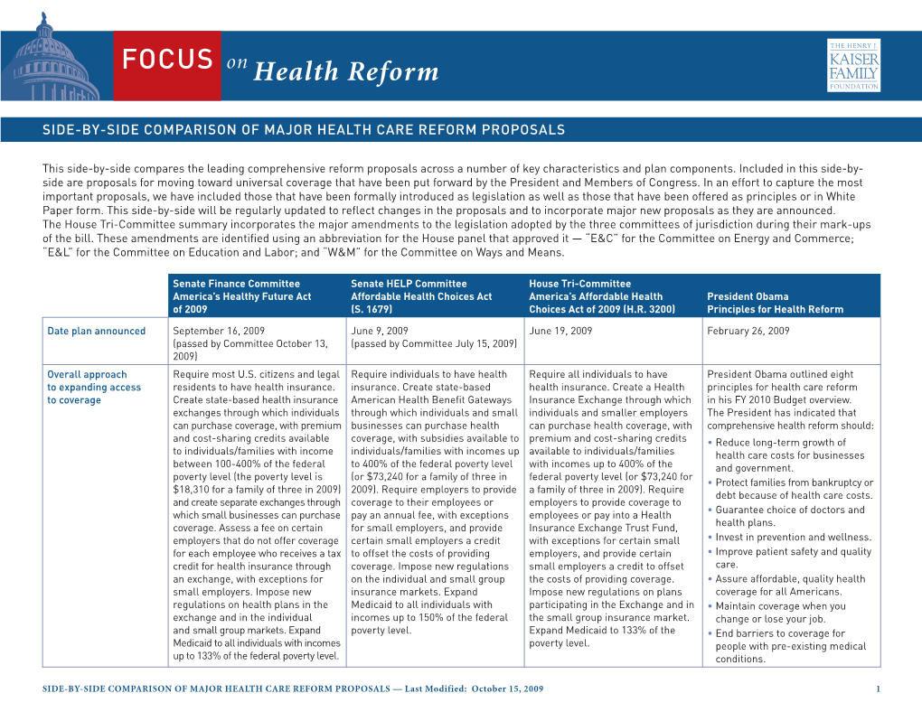 Comparison of Major Health Care Reform Proposals