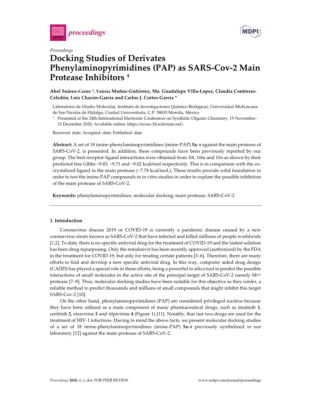 Docking Studies of Derivates Phenylaminopyrimidines (PAP) As SARS-Cov-2 Main Protease Inhibitors †