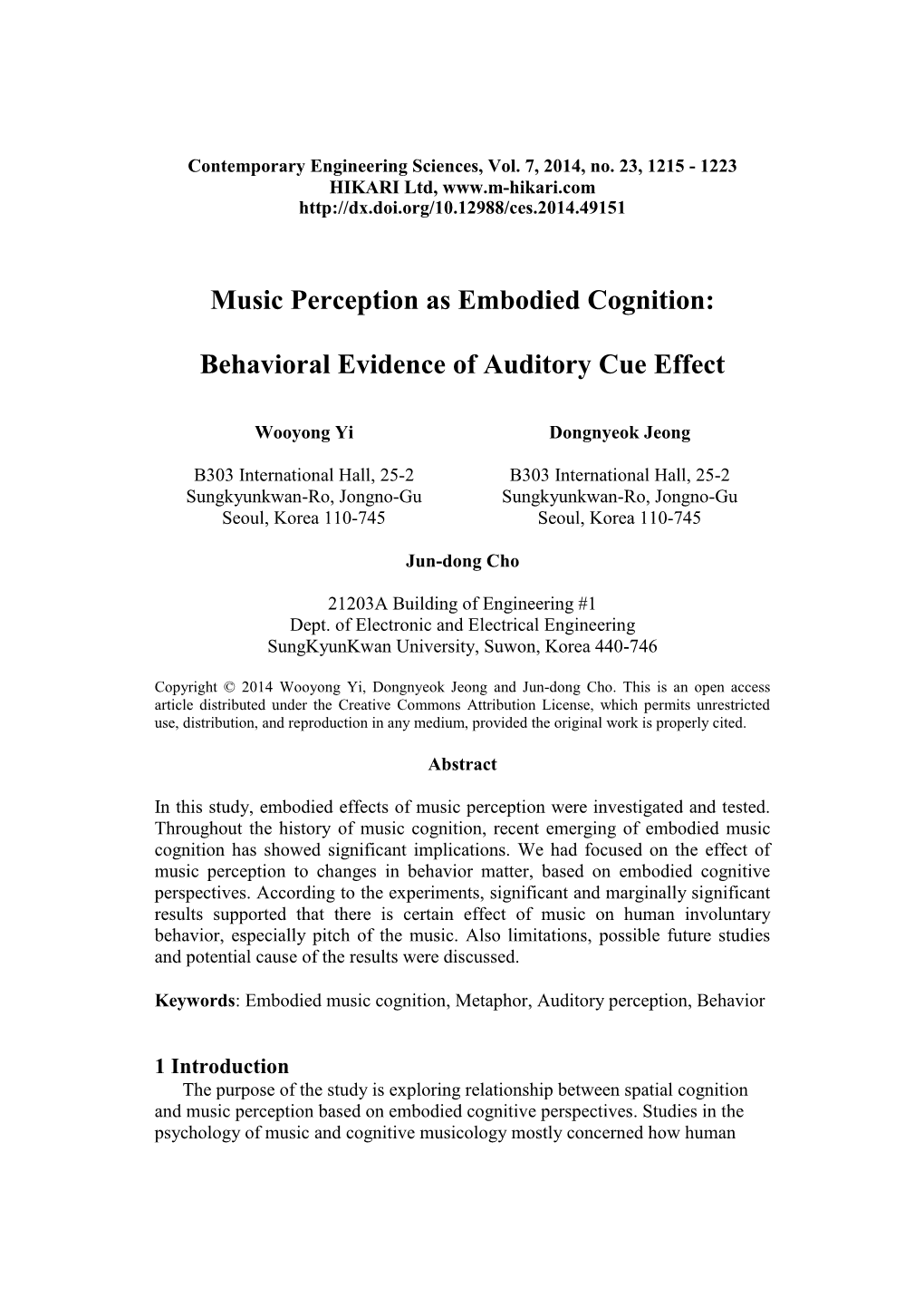 Music Perception As Embodied Cognition