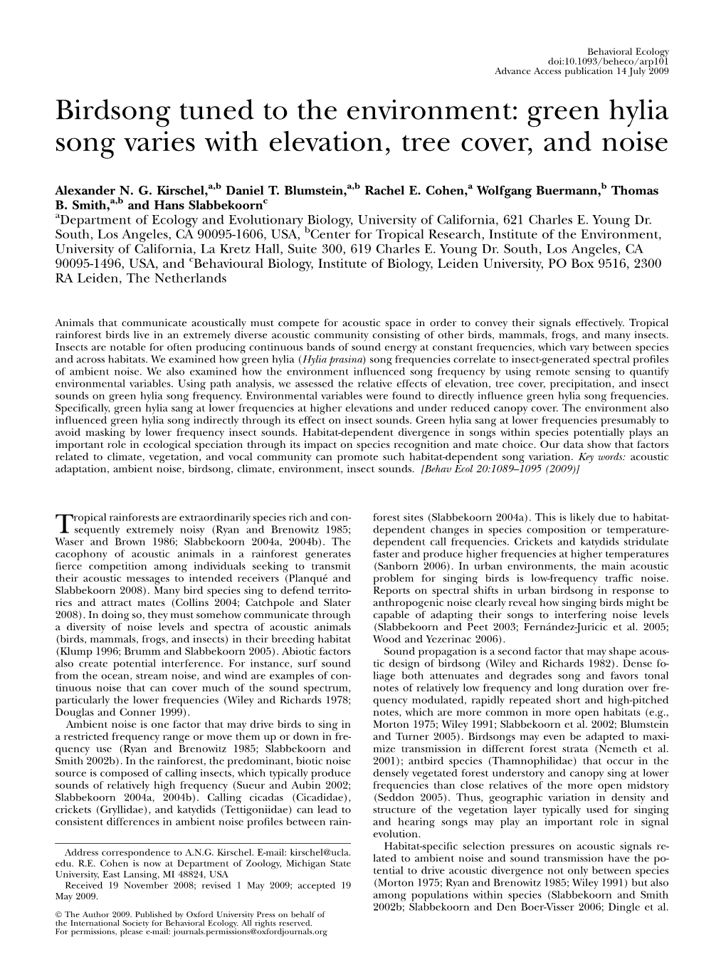 Birdsong Tuned to the Environment: Green Hylia Song Varies with Elevation, Tree Cover, and Noise