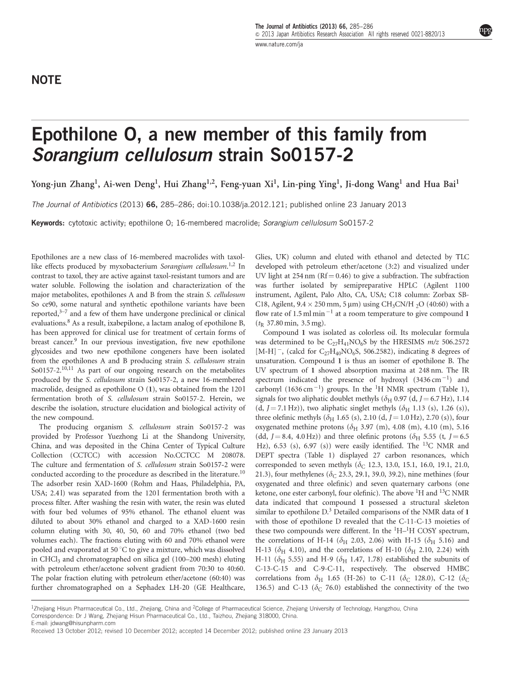 Epothilone O, a New Member of This Family from Sorangium Cellulosum Strain So0157-2