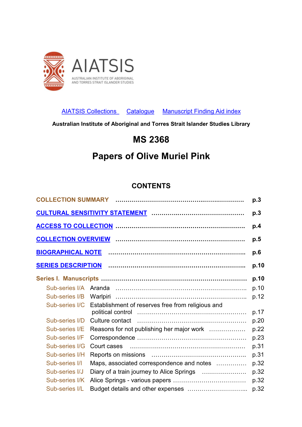 MS 2368 Papers of Olive Muriel Pink