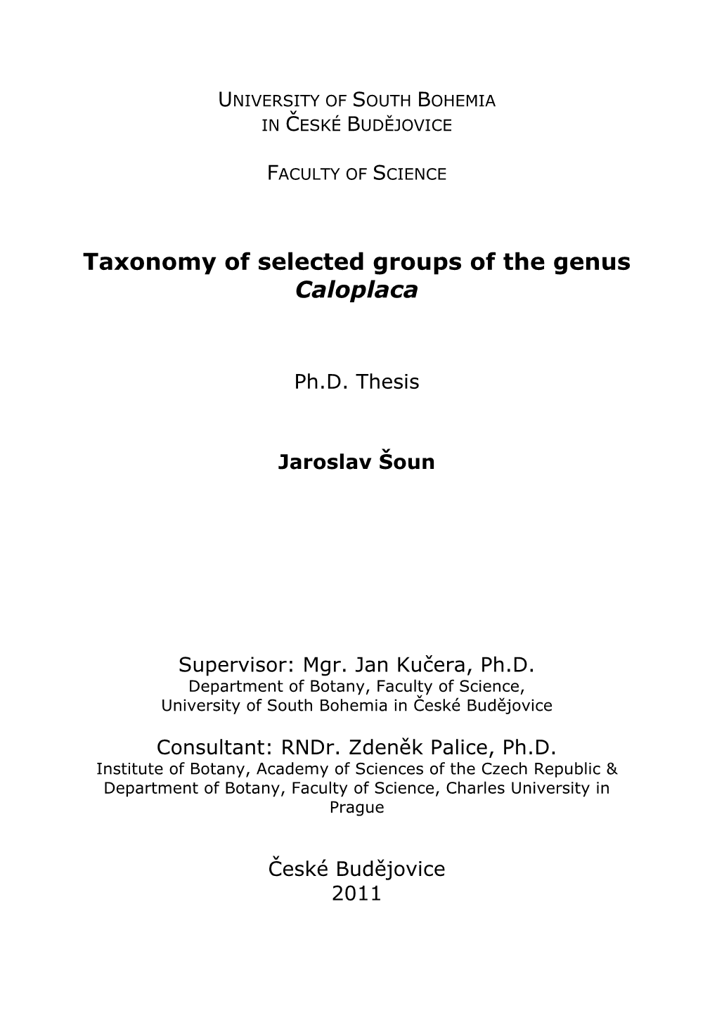 Taxonomy of Selected Groups of the Genus Caloplaca