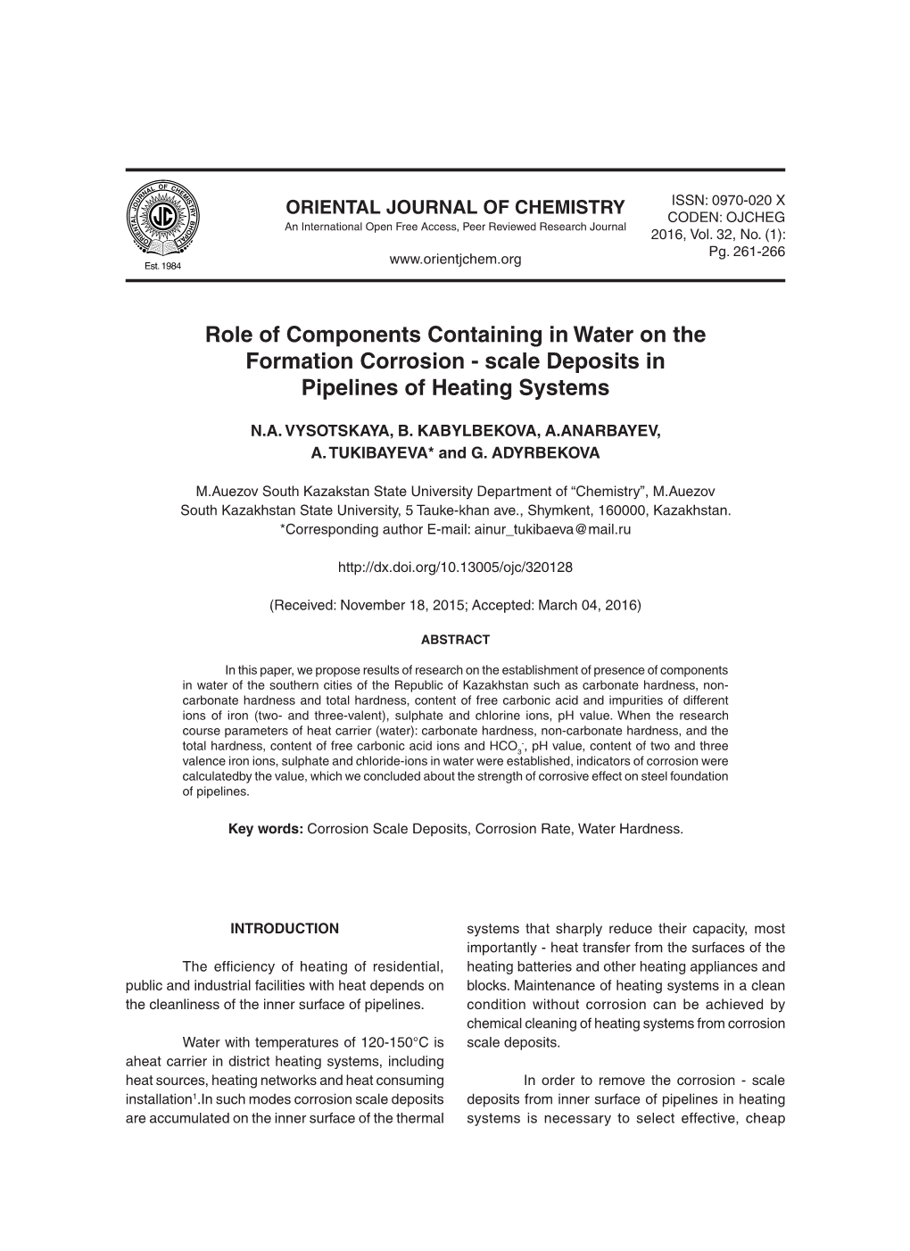 Role of Components Containing in Water on the Formation Corrosion - Scale Deposits in Pipelines of Heating Systems