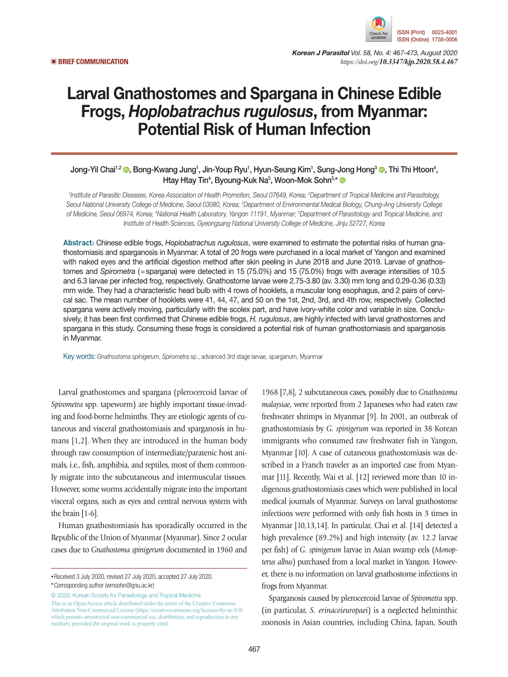 Larval Gnathostomes and Spargana in Chinese Edible Frogs, Hoplobatrachus Rugulosus, from Myanmar: Potential Risk of Human Infection