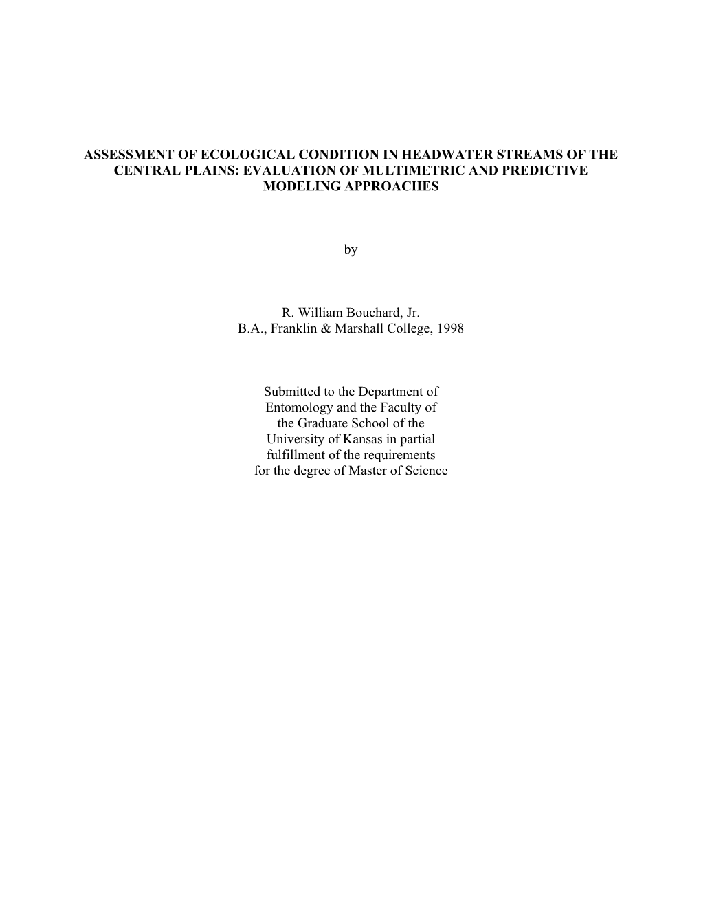 Assessment of Ecological Condition in Headwater Streams of the Central Plains: Evaluation of Multimetric and Predictive Modeling Approaches