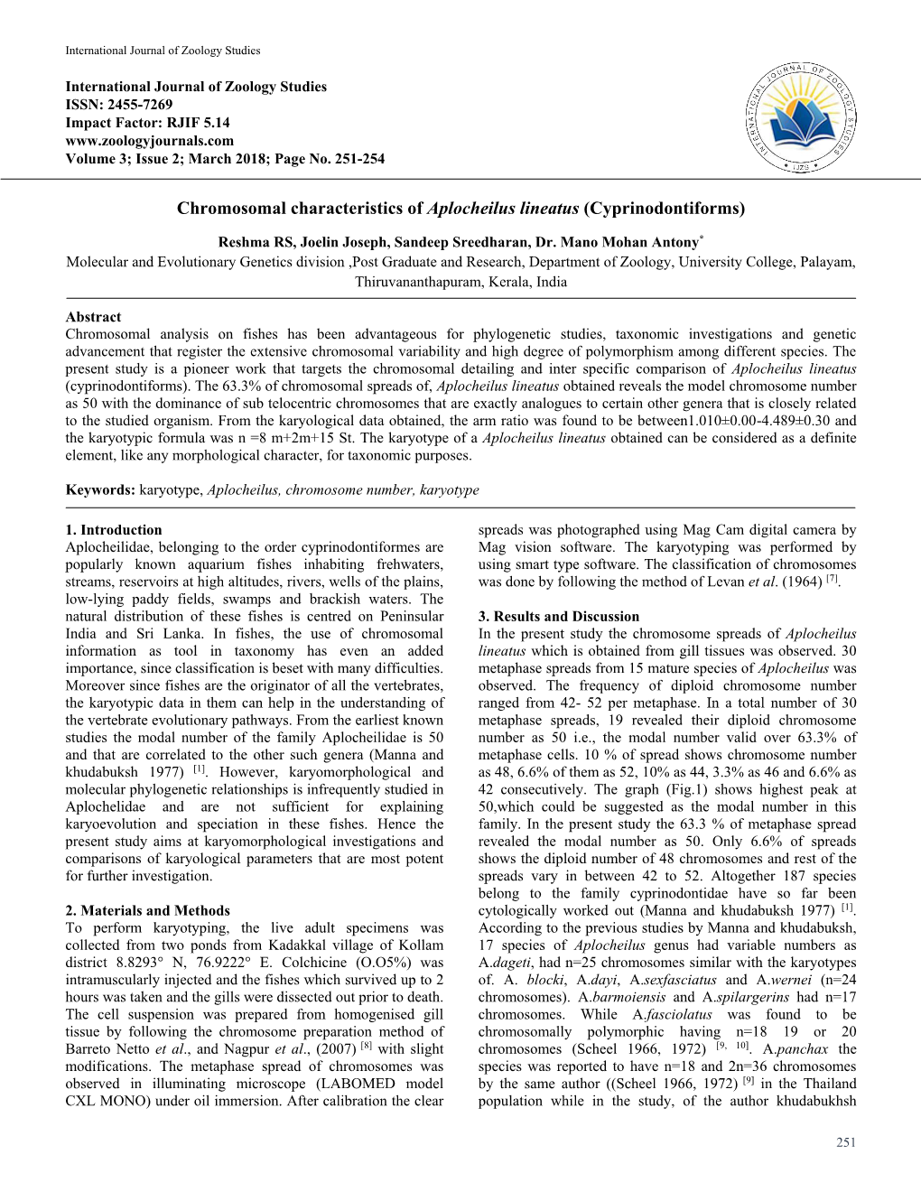 Chromosomal Characteristics of Aplocheilus Lineatus (Cyprinodontiforms)