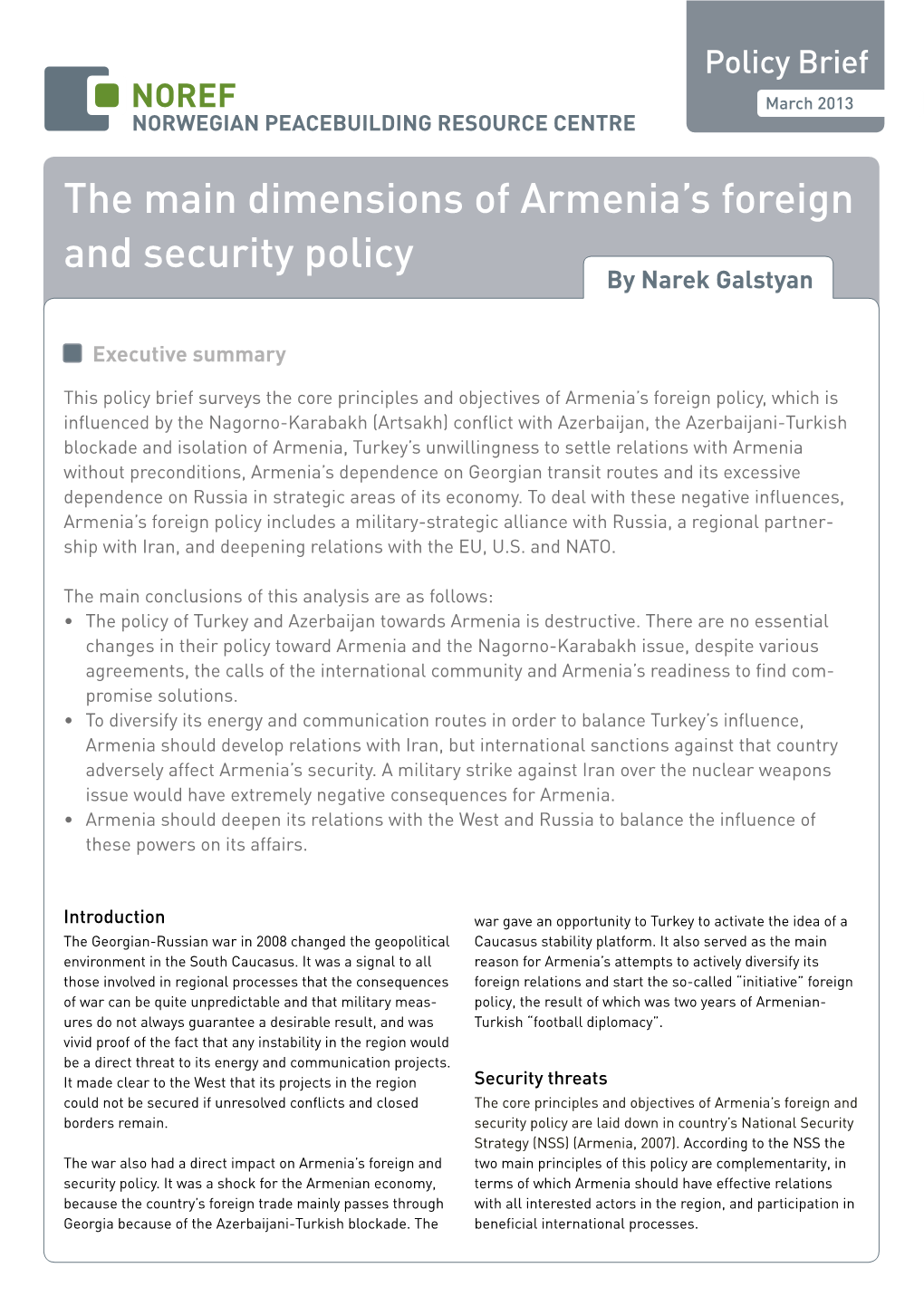 The Main Dimensions of Armenia's Foreign and Security Policy