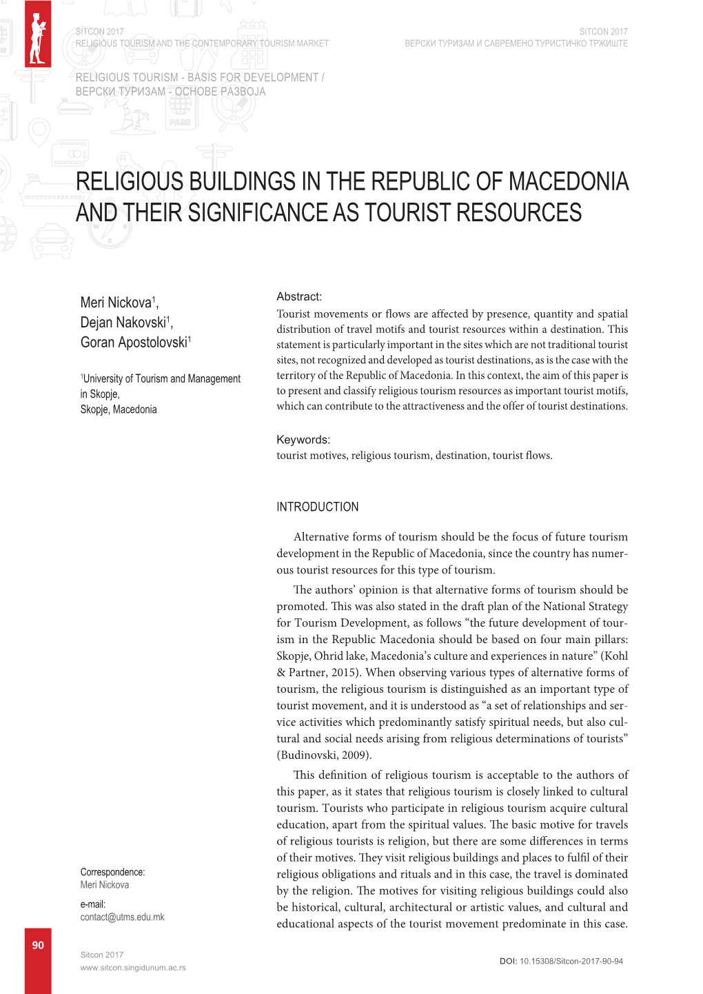 Religious Buildings in the Republic of Macedonia and Their Significance As Tourist Resources