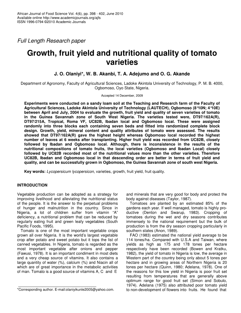 Growth, Fruit Yield and Nutritional Quality of Tomato Varieties