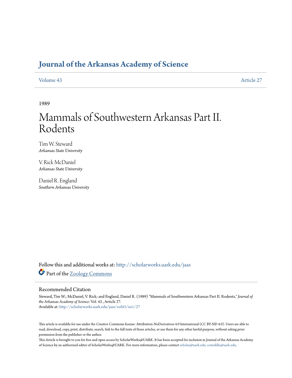 Mammals of Southwestern Arkansas Part II. Rodents Tim W