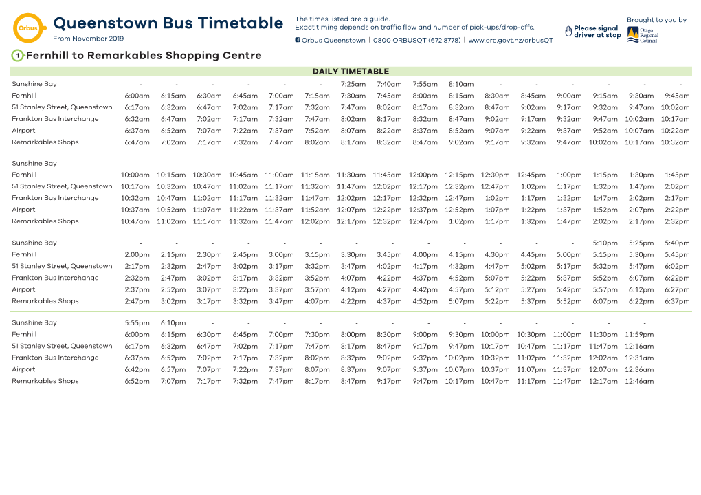 Queenstown Bus Timetable Exact Timing Depends on Traffic Flow and Number of Pick-Ups/Drop-Offs