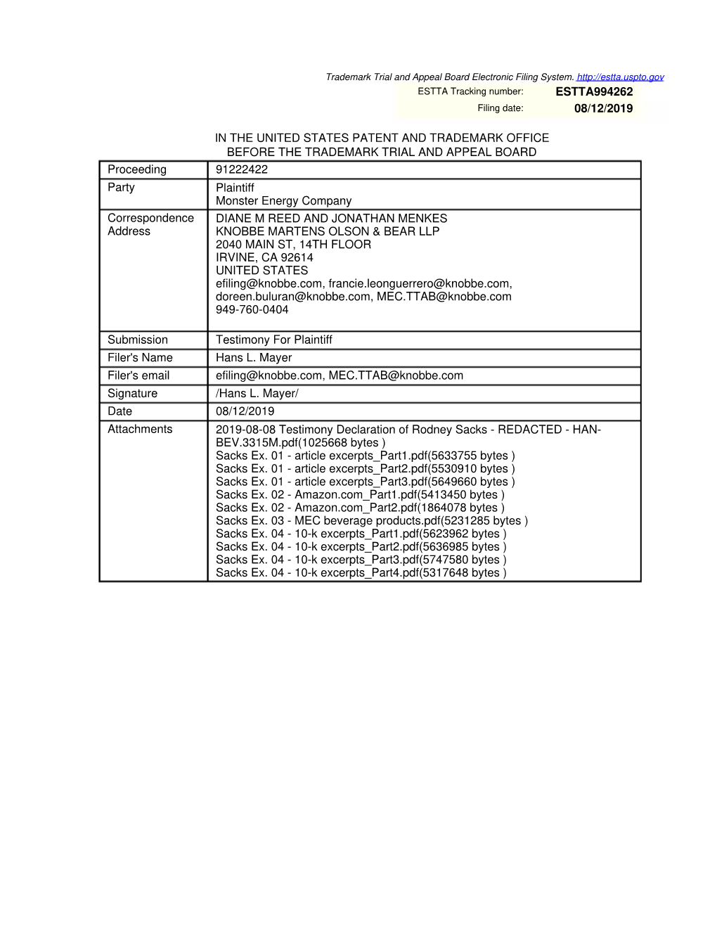 Estta994262 08/12/2019 in the United States Patent And