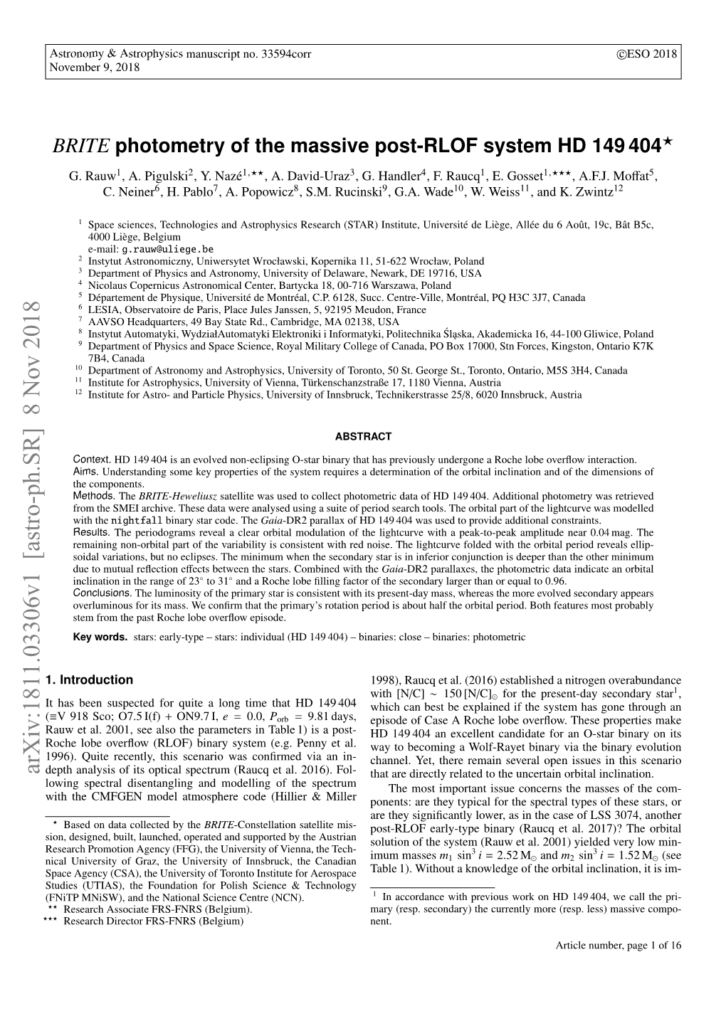 BRITE Photometry of the Massive Post-RLOF System HD149404