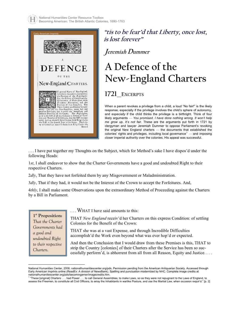 Jeremiah Dummer, a Defence of the New England Charters