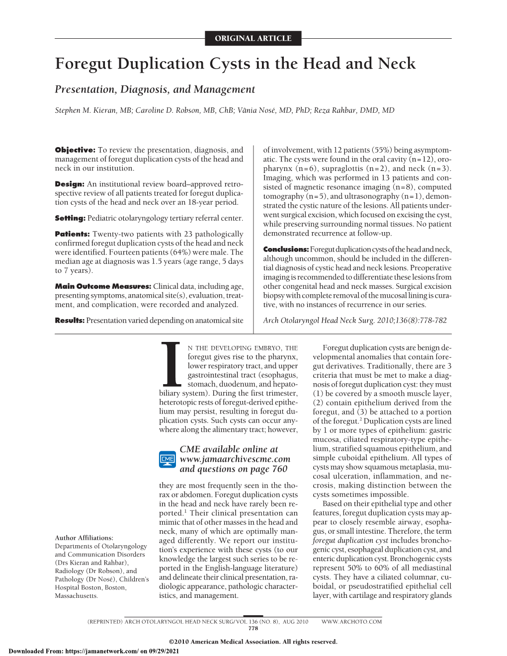 Foregut Duplication Cysts in the Head and Neck Presentation, Diagnosis, and Management