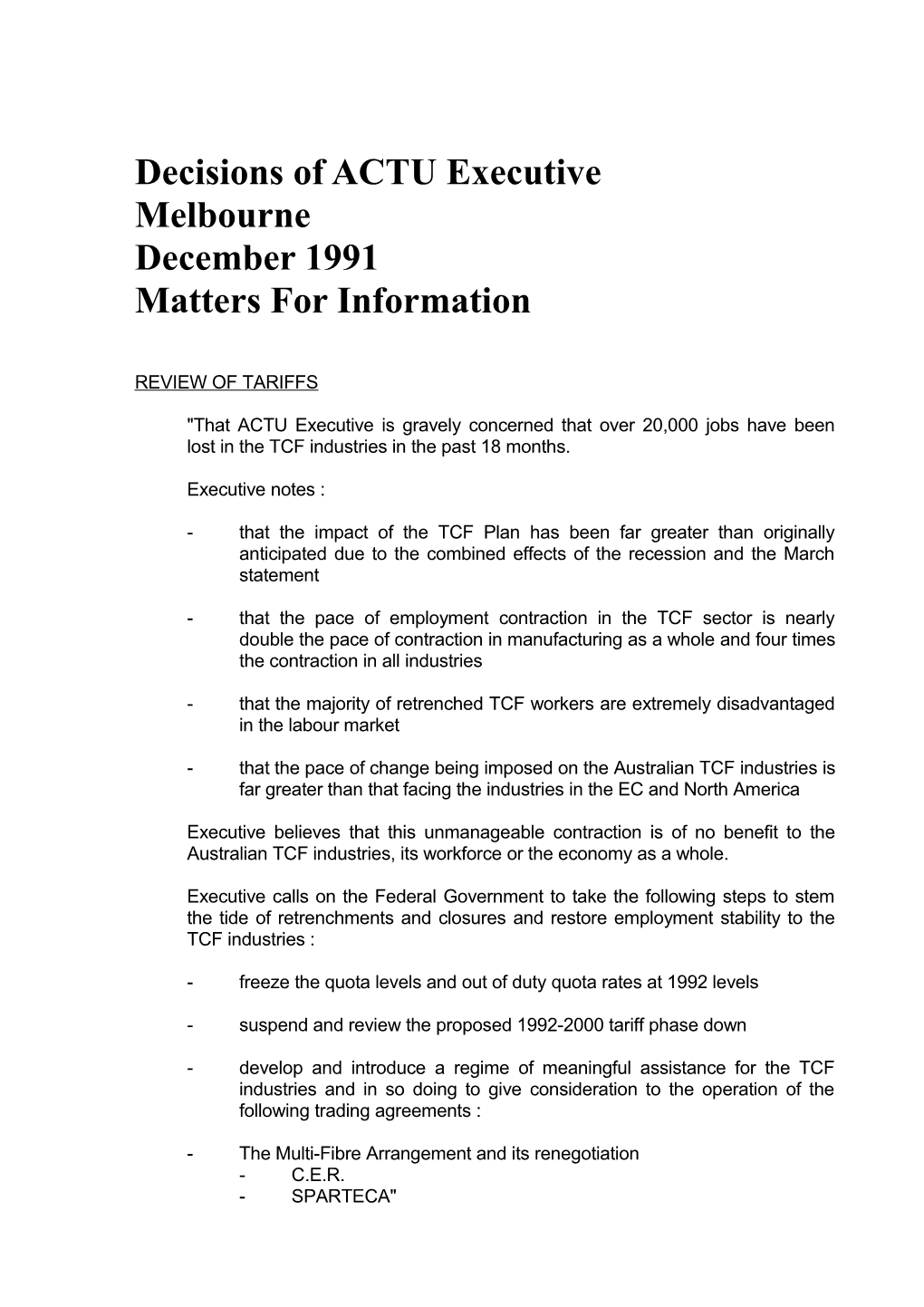 1991 December ACTU Executive Decisions