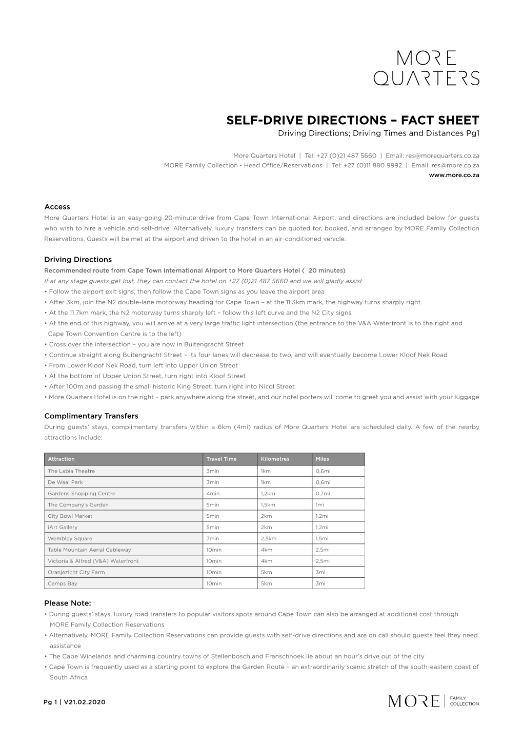SELF-DRIVE DIRECTIONS – FACT SHEET Driving Directions; Driving Times and Distances Pg1