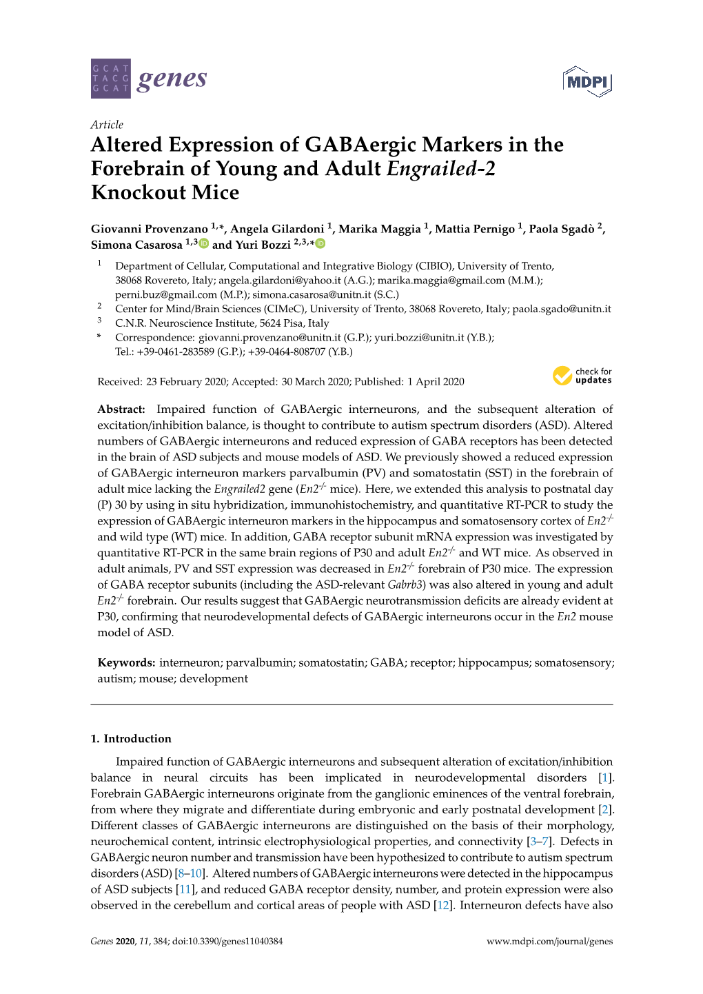 Altered Expression of Gabaergic Markers in the Forebrain of Young and Adult Engrailed-2 Knockout Mice