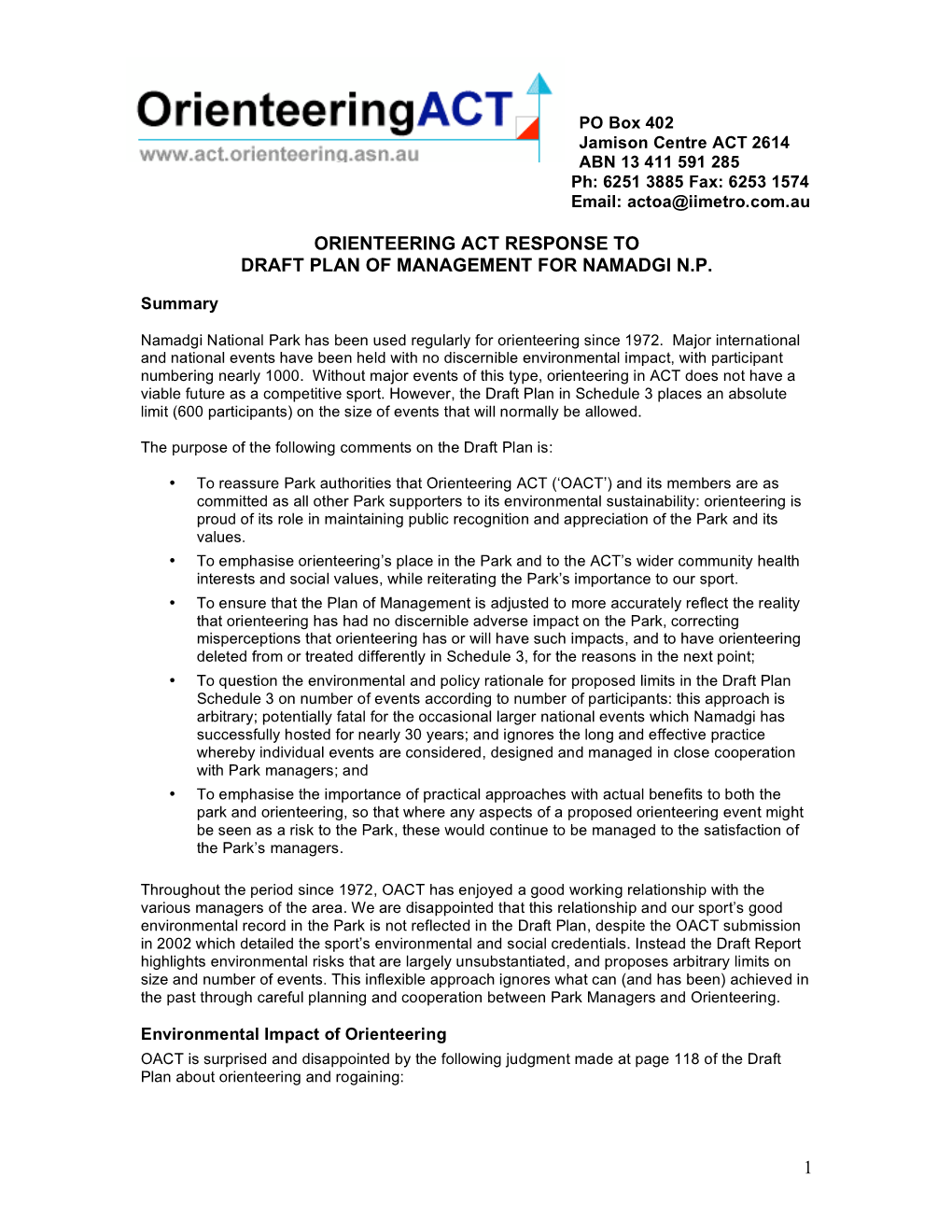 1 Orienteering Act Response to Draft Plan of Management for Namadgi N.P