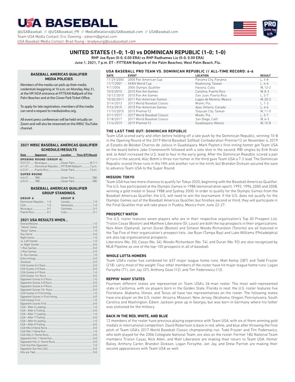 Vs DOMINICAN REPUBLIC (1-0; 1-0) RHP Joe Ryan (0-0, 0.00 ERA) Vs RHP Radhames Liz (0-0, 0.00 ERA) June 1, 2021, 7 P.M