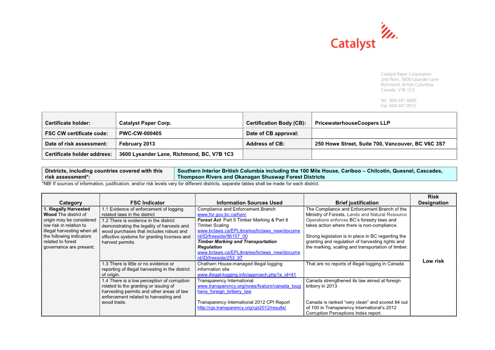 Certificate Holder: Catalyst Paper Corp