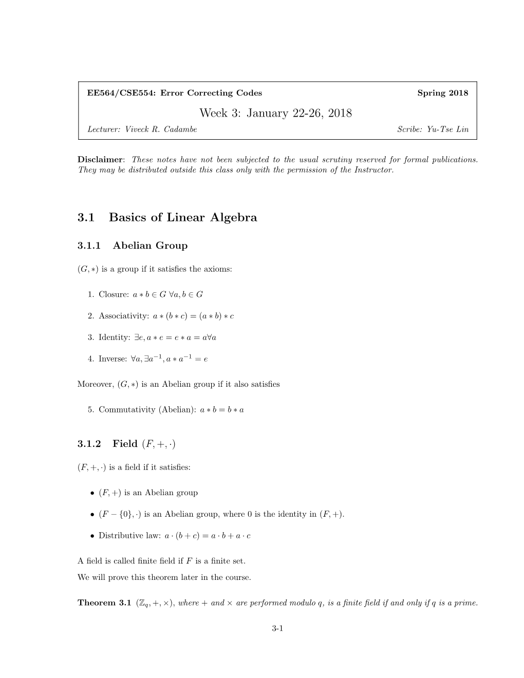 Week 3: January 22-26, 2018 3.1 Basics of Linear Algebra