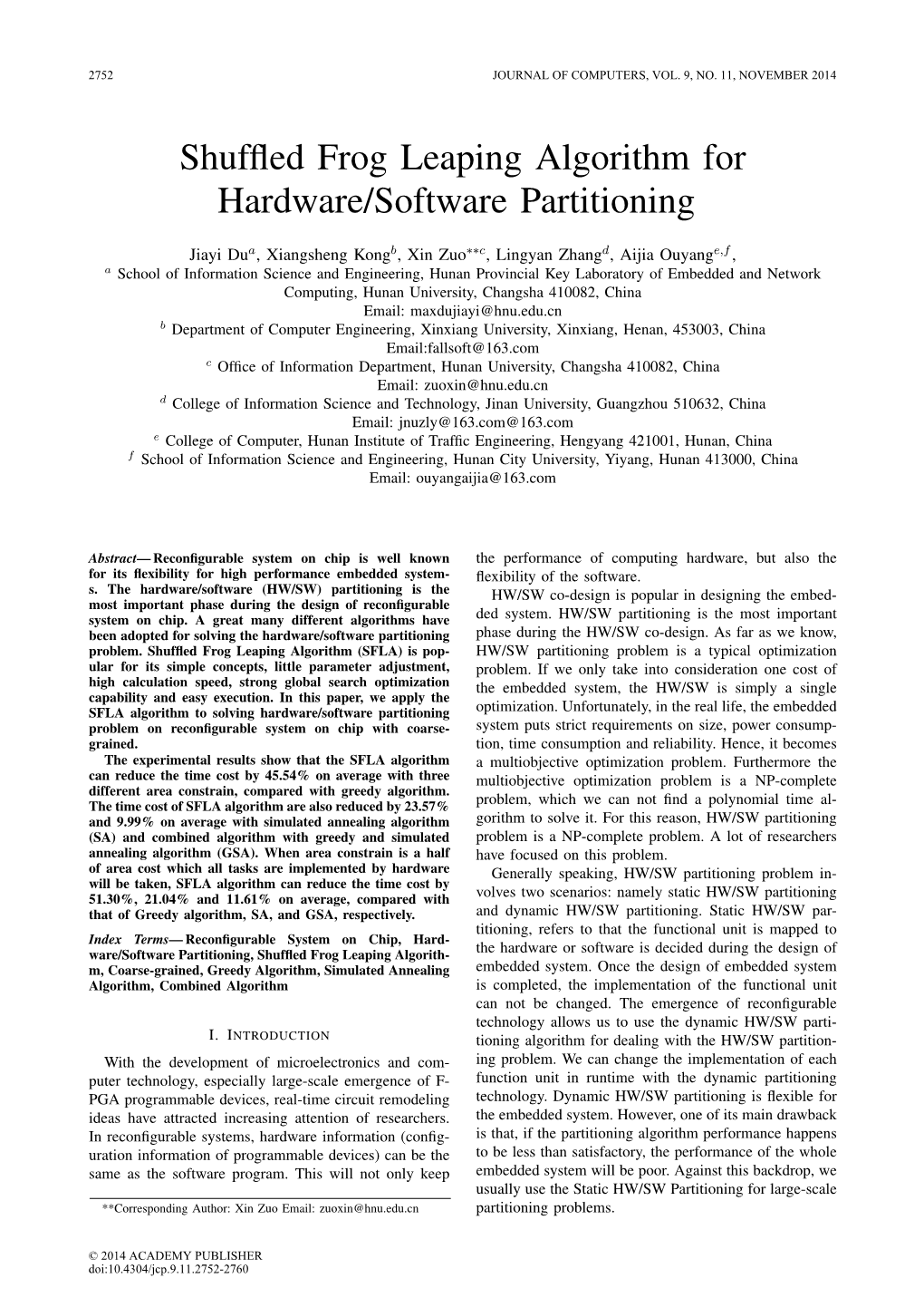 Shuffled Frog Leaping Algorithm for Hardware/Software Partitioning