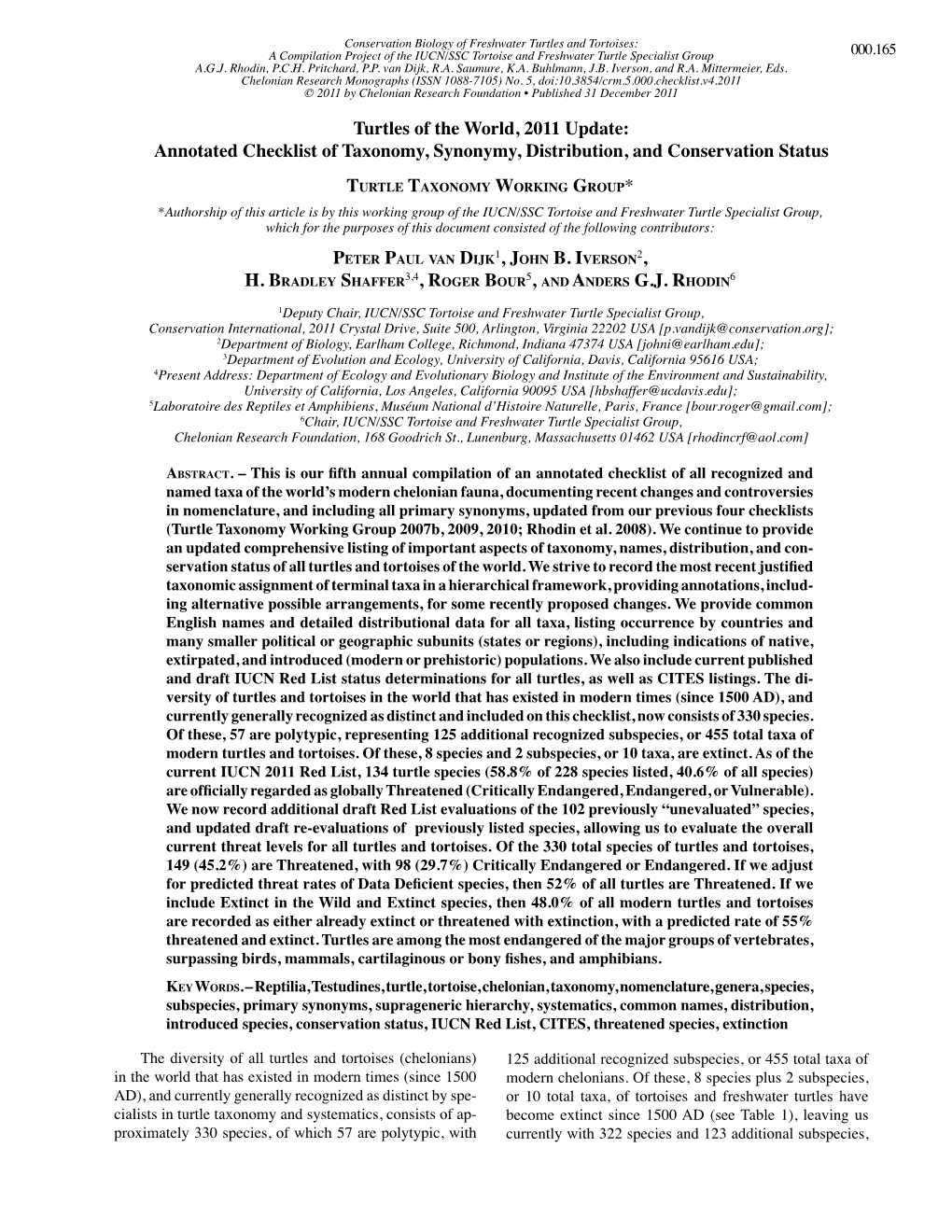 Turtles of the World, 2011 Update: Annotated Checklist of Taxonomy, Synonymy, Distribution, and Conservation Status