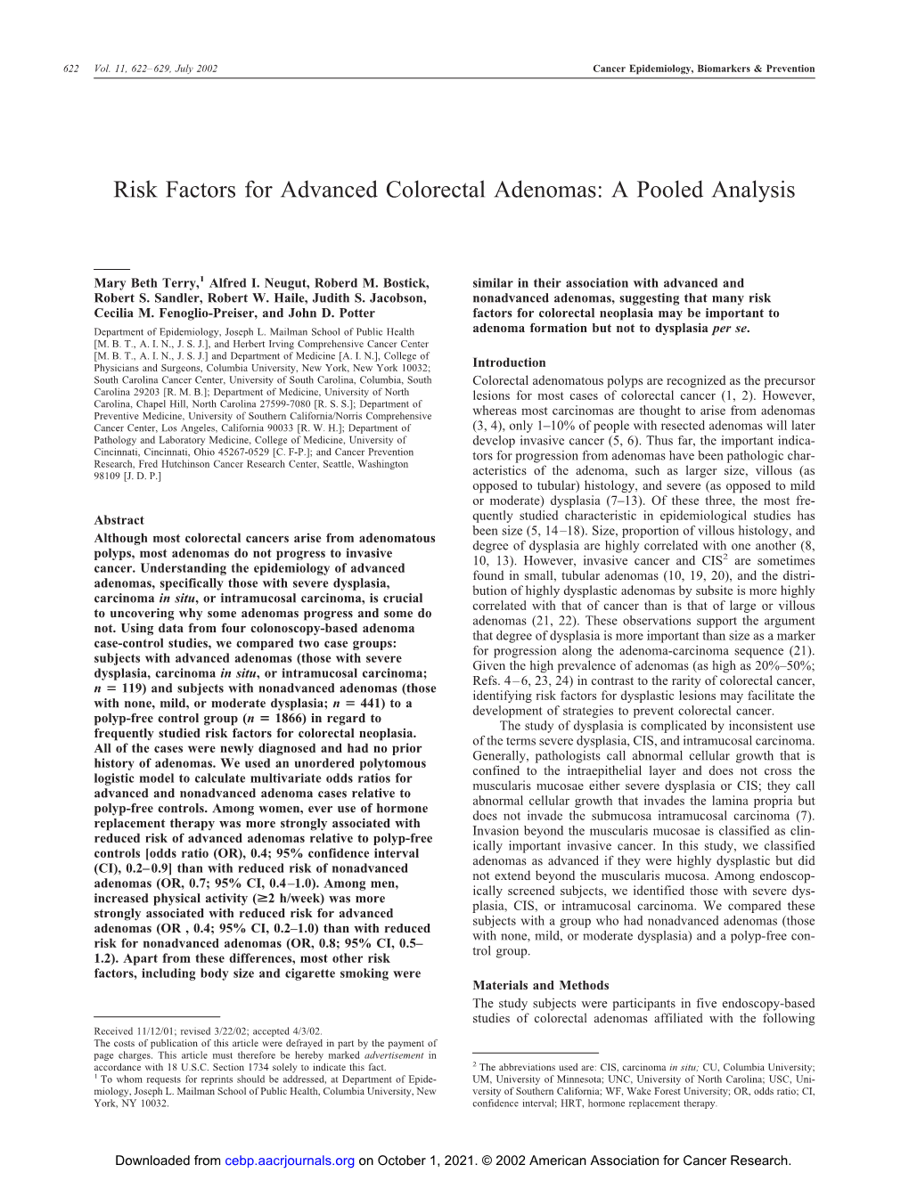 Risk Factors for Advanced Colorectal Adenomas: a Pooled Analysis