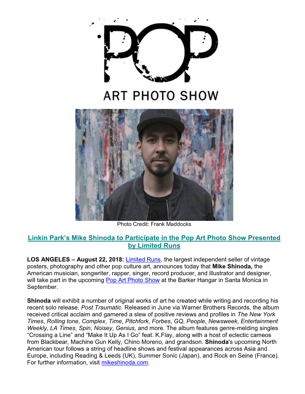 Linkin Park's Mike Shinoda to Participate in the Pop Art Photo Show