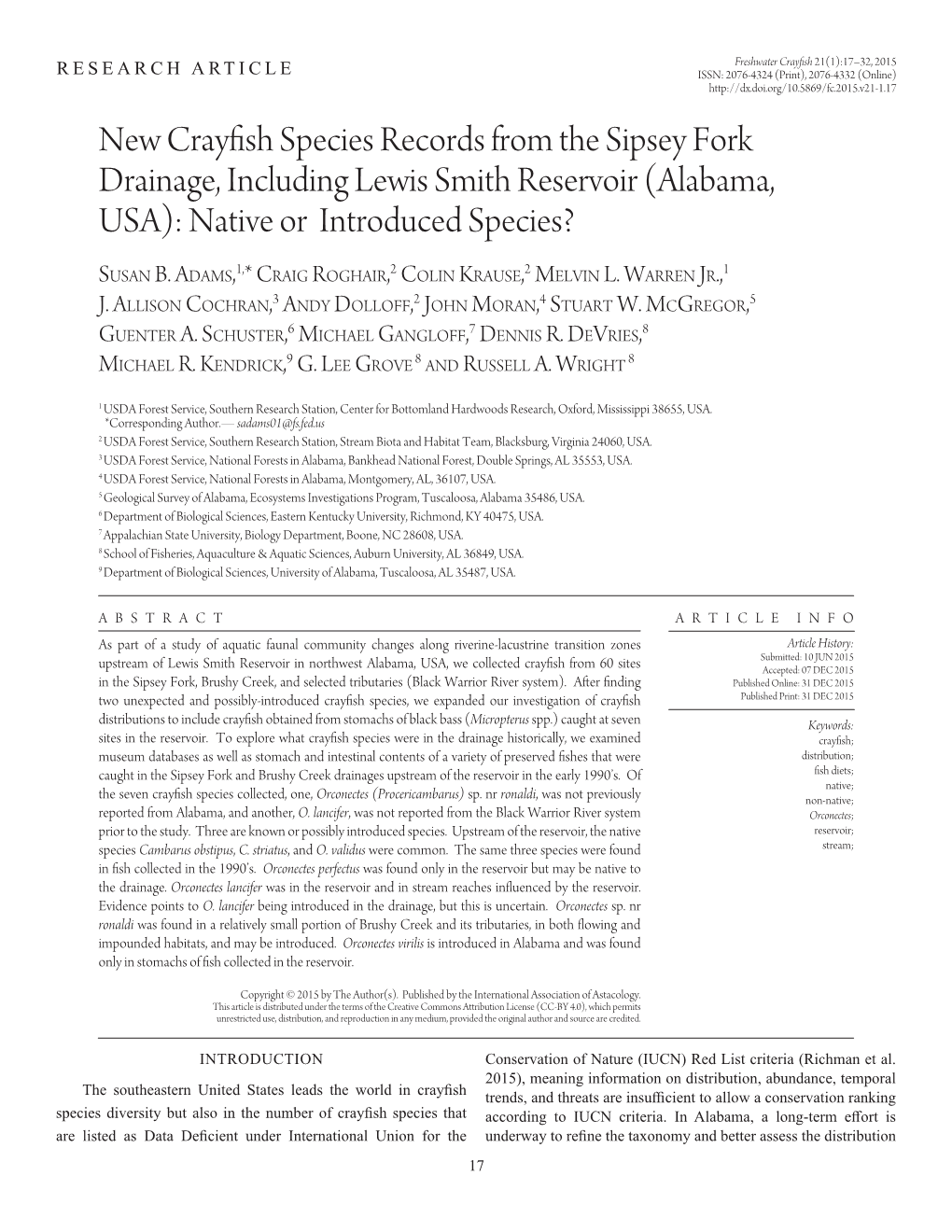 New Crayfish Species Records from the Sipsey Fork Drainage, Including Lewis Smith Reservoir (Alabama, USA): Native Or Introduced Species?