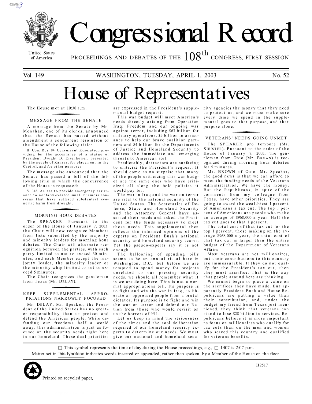 Congressional Record United States Th of America PROCEEDINGS and DEBATES of the 108 CONGRESS, FIRST SESSION