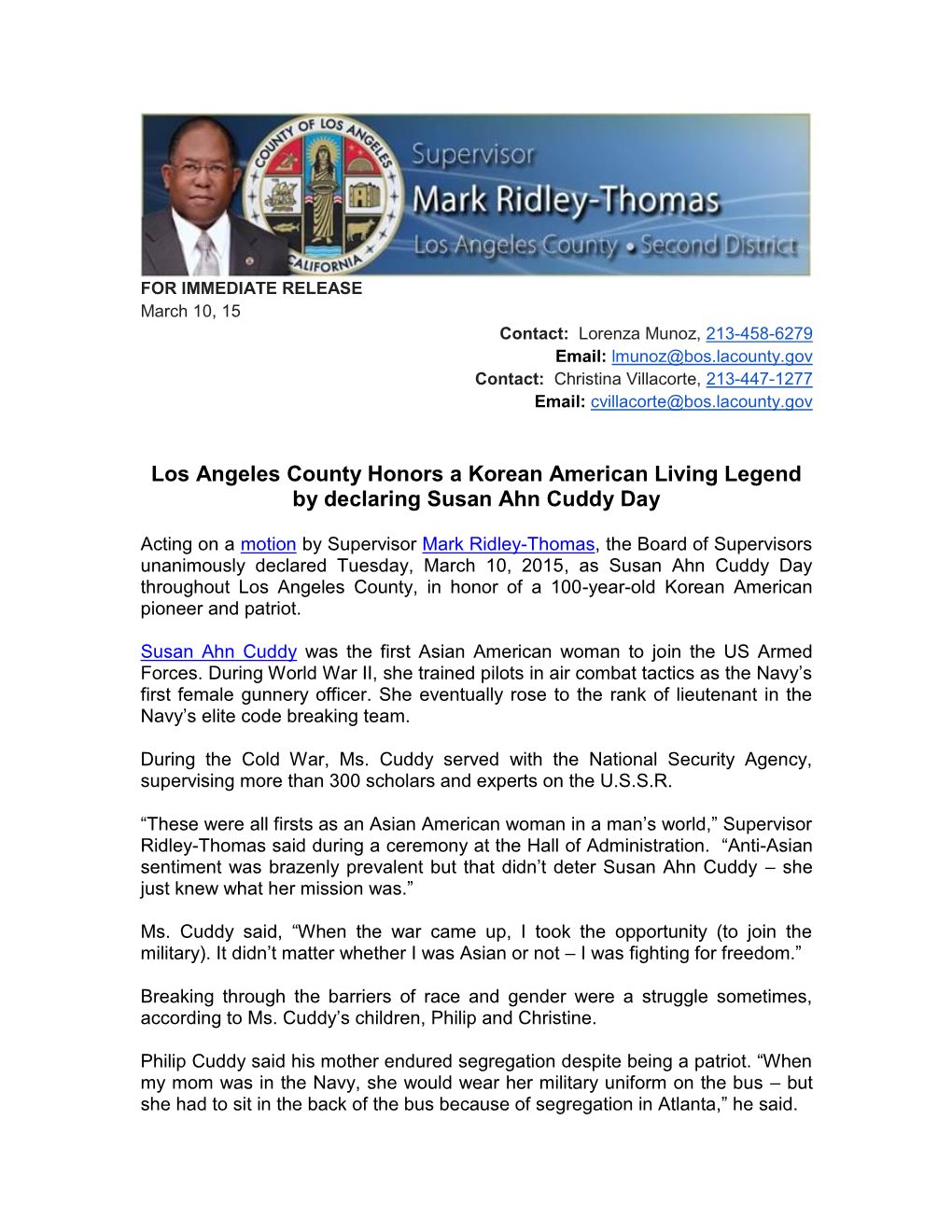 Los Angeles County Honors a Korean American Living Legend by Declaring Susan Ahn Cuddy Day