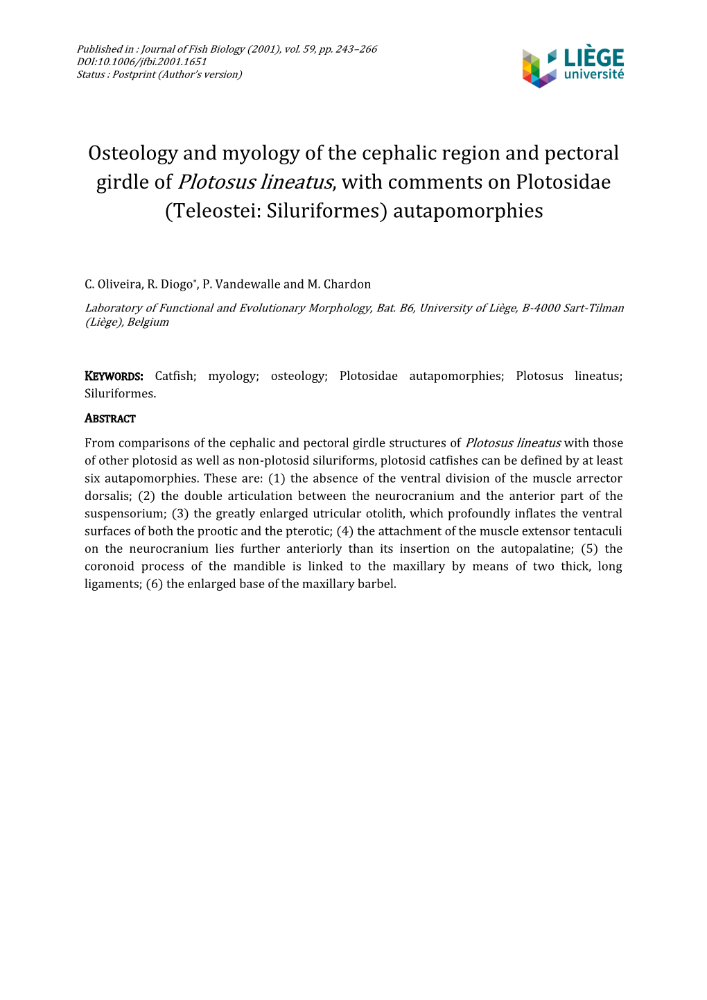 Osteology and Myology of the Cephalic Region and Pectoral Girdle of Plotosus Lineatus, with Comments on Plotosidae (Teleostei: Siluriformes) Autapomorphies