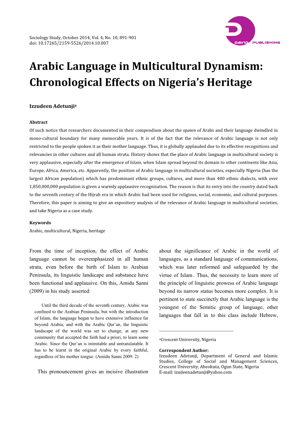 Arabic Language in Multicultural Dynamism: Chronological Effects on Nigeria’S Heritage