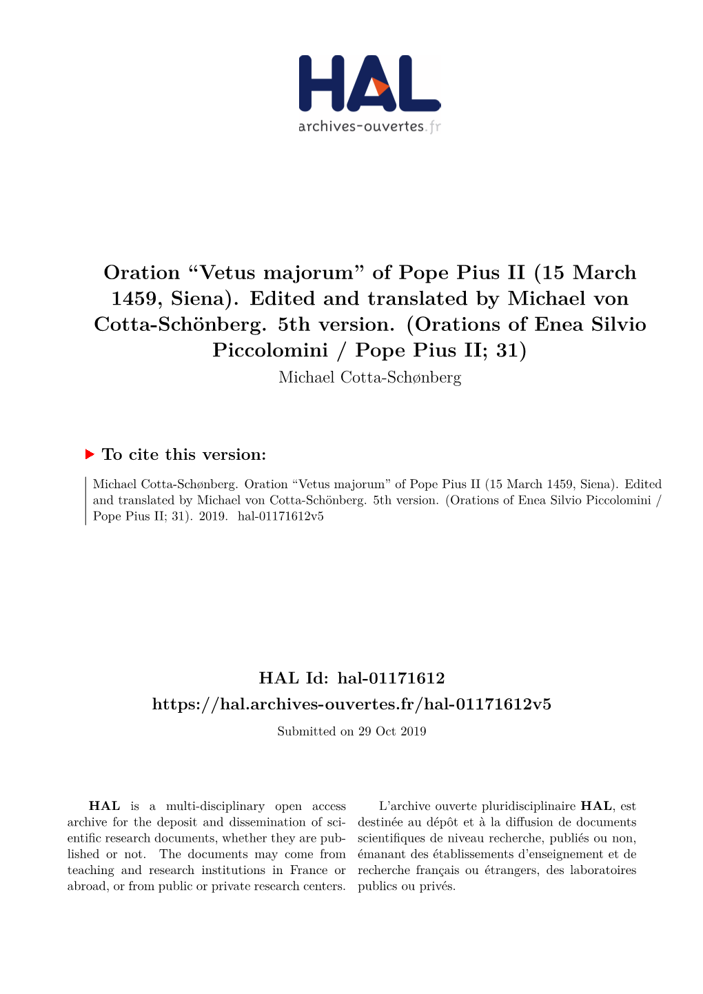 Oration ``Vetus Majorum'' of Pope Pius II (15 March 1459, Siena). Edited