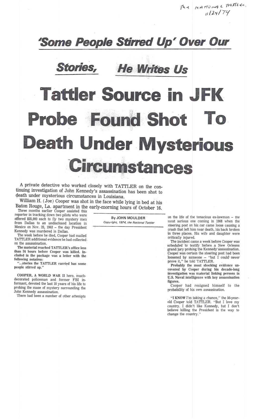 Tattler Source in JFK Probe Found Shot to Death Under Mysterious Circumstances