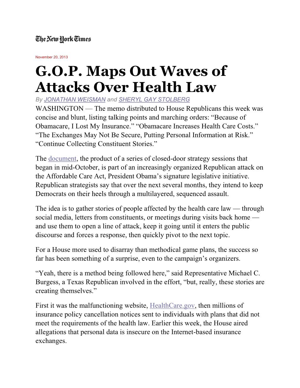 G.O.P. Maps out Waves of Attacks Over Health