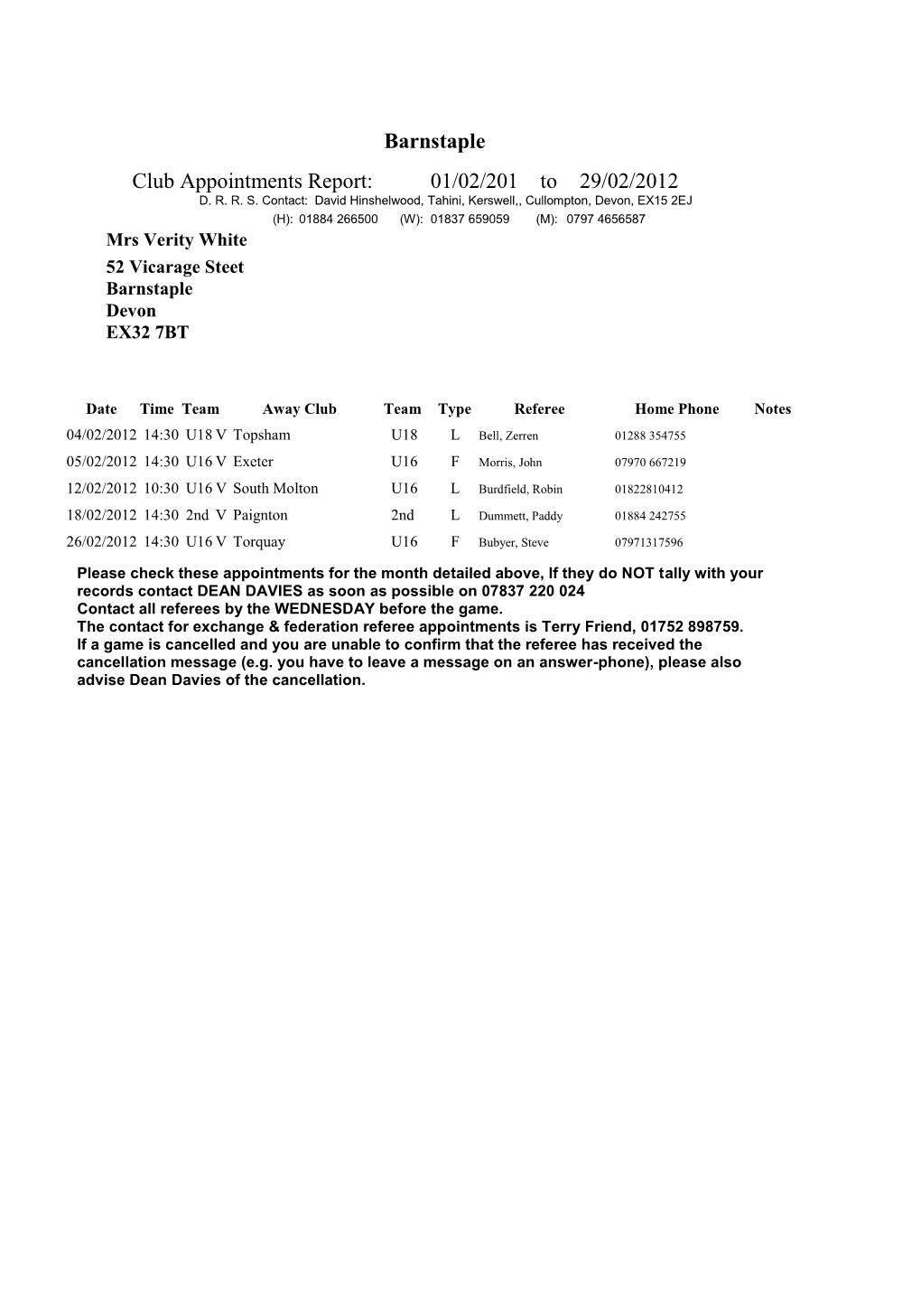 Barnstaple Club Appointments Report