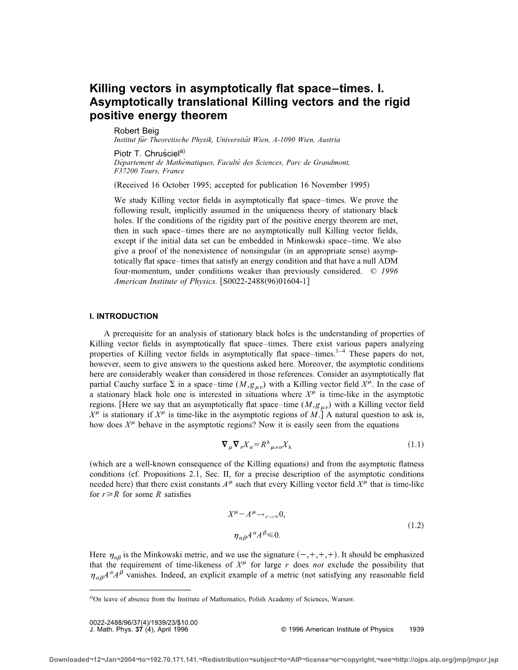 Killing Vectors in Asymptotically Flat Space–Times. I. Asymptotically Translational Killing Vectors and the Rigid Positive