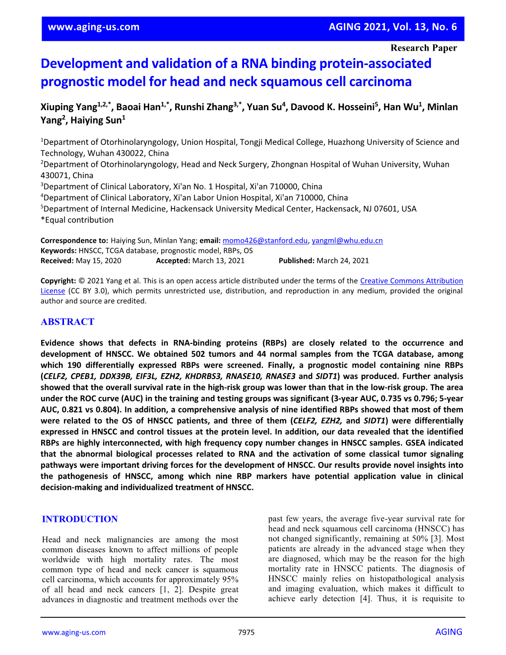 Development and Validation of a RNA Binding Protein-Associated Prognostic Model for Head and Neck Squamous Cell Carcinoma