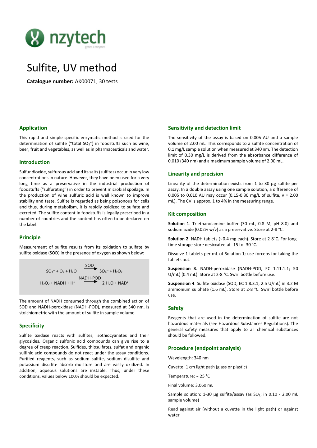 Sulfite, UV Method Catalogue Number: AK00071, 30 Tests