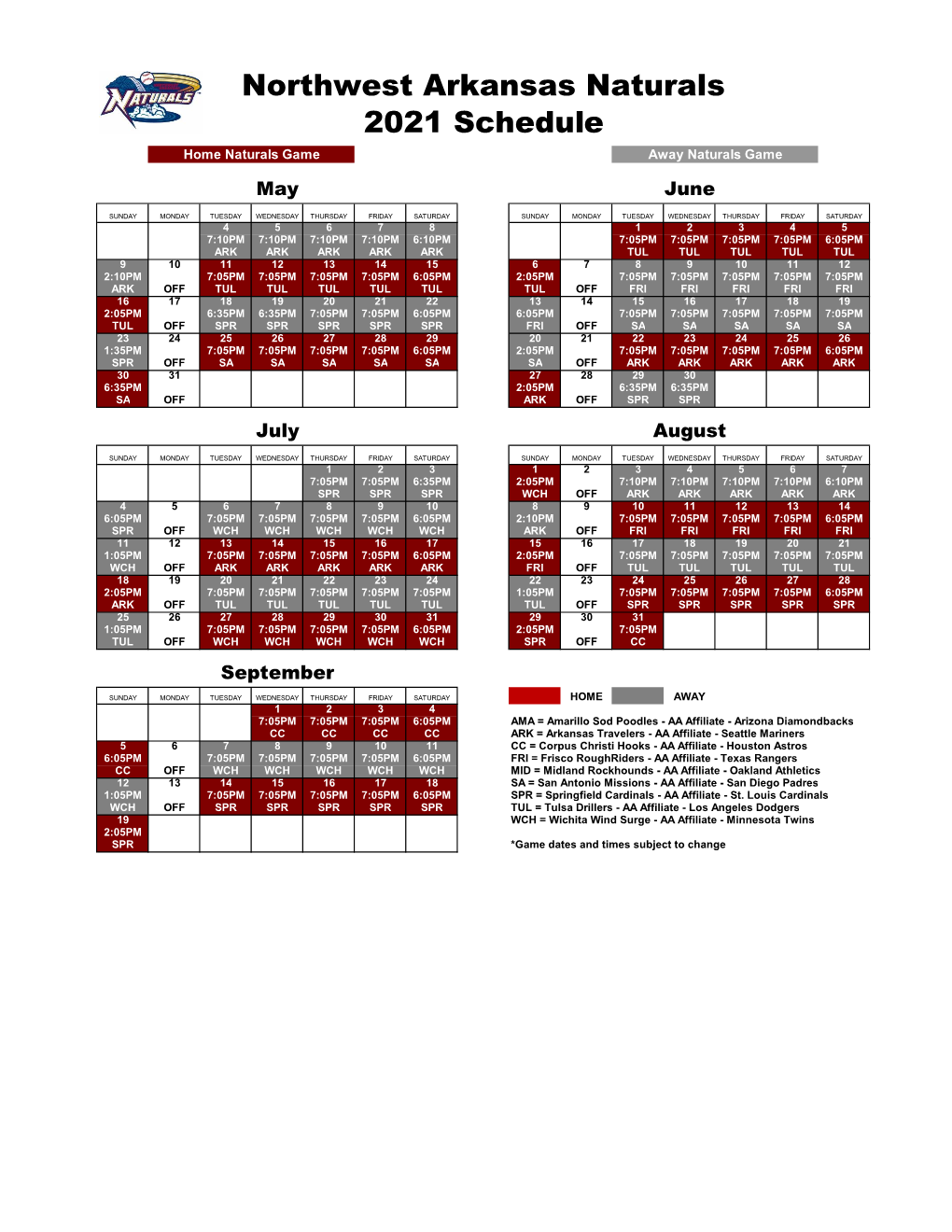 Northwest Arkansas Naturals 2021 Schedule Home Naturals Game Away Naturals Game