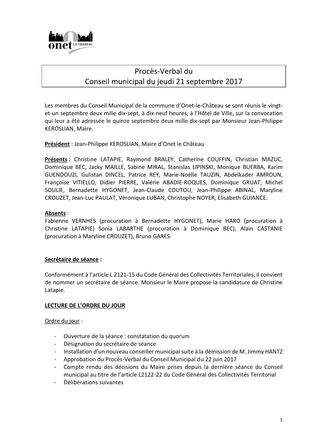 Procès-Verbal Du Conseil Municipal Du Jeudi 21 Septembre 2017